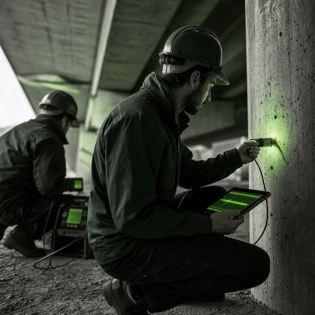 Engineers inspecting a structure with diagnostic equipment