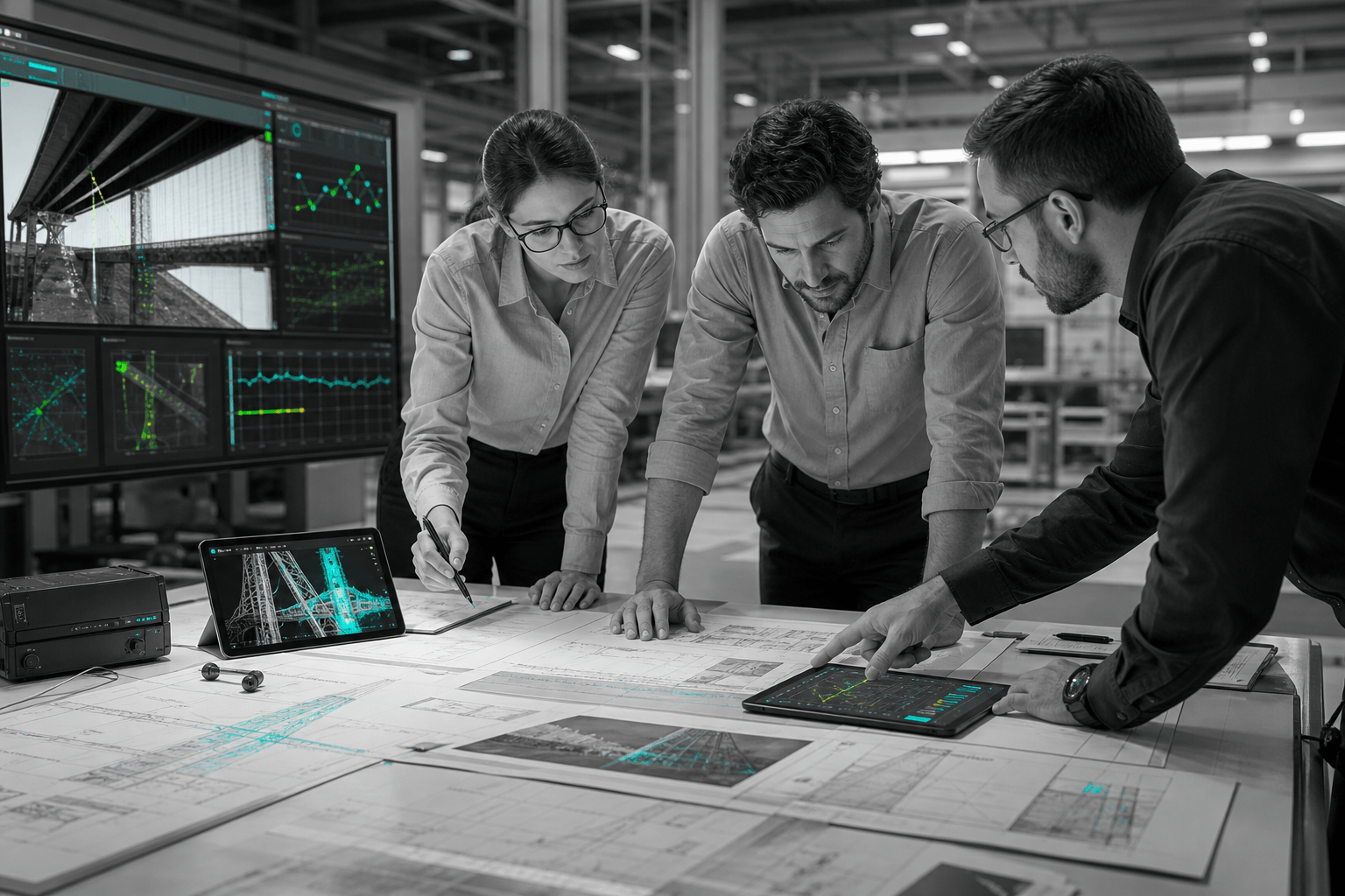 Structural diagnostics team reviewing inspection data